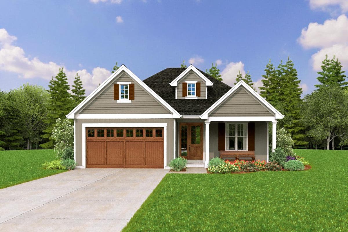 House plan exterior: One-story Modern Farmhouse with a prominent gable, dormer, and a two-car garage.