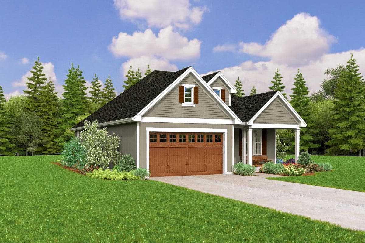 House plan exterior: Single-story with a two-car front-facing garage, gabled dormer and covered porch.