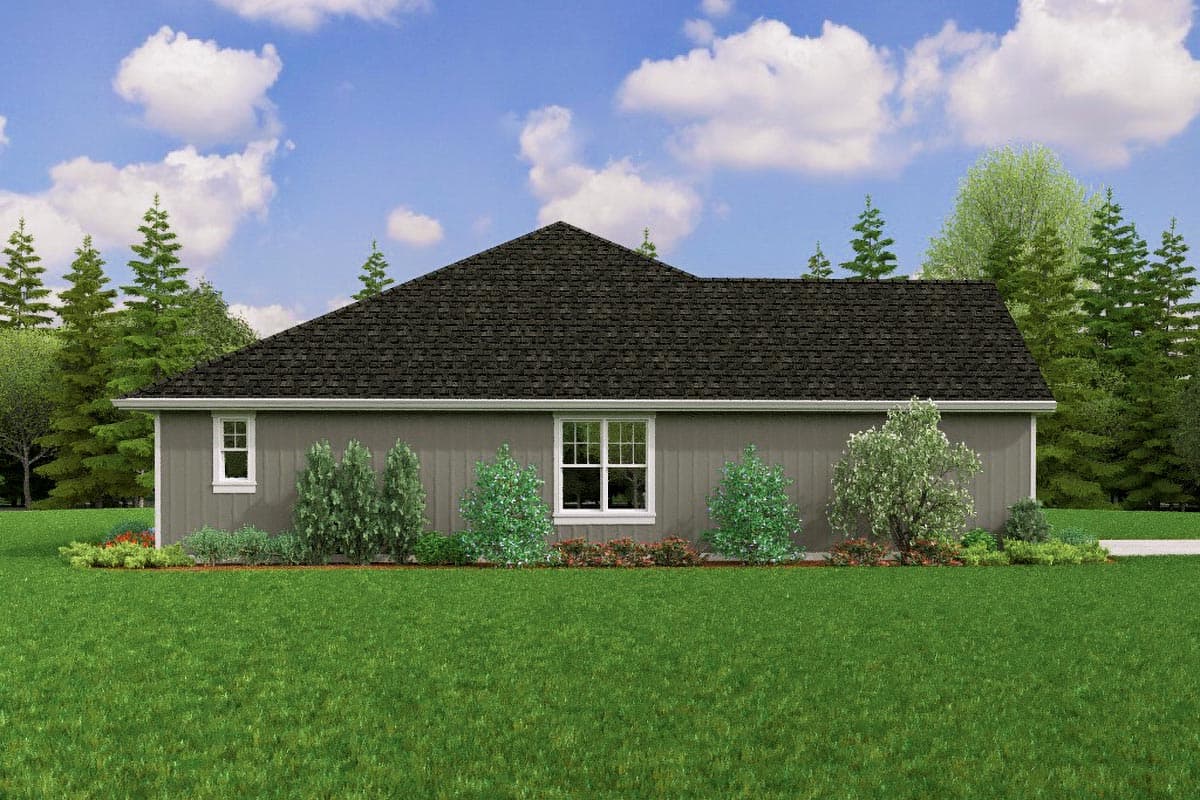 Ranch style house plan exterior, one story with hip roof, simple gabled dormer, and large picture windows.