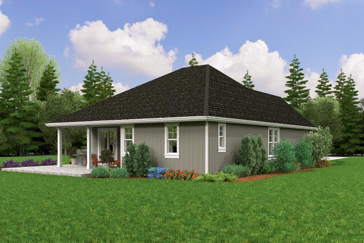 Ranch house plan exterior with covered porch, symmetrical windows, and hip roof.
