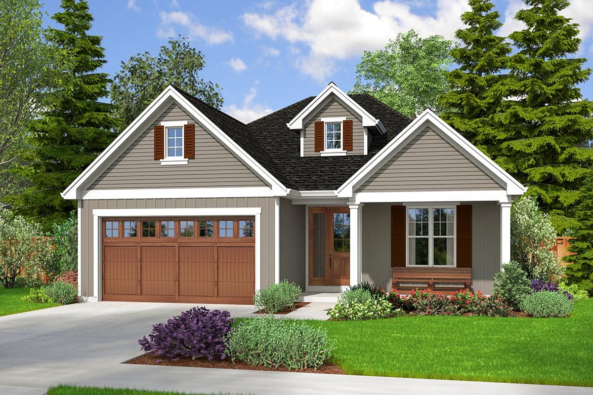House plan exterior. Craftsman style with two stories, a front-facing garage, dormers, and a covered front porch.