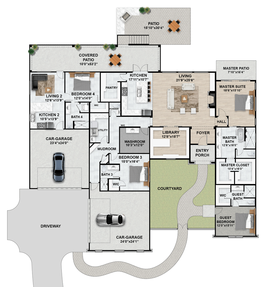 Plan 430083LY: Contemporary Multi-Generational Home Plan Under 3800 Square Feet with Entry Courtyard  - Floor Plan - Main Level - Contemporary, Country, Craftsman, Hill Country, Ranch