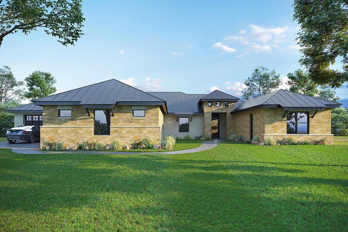 House plan exterior. Single-story with stone facade, metal roof, and shed dormers. Attached garage and entry portico. Contemporary design.