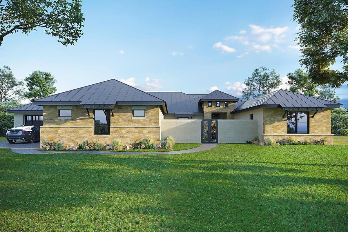 House plan exterior: Single-story modern home with stone facade, metal roof, attached garage, and decorative metal gate.