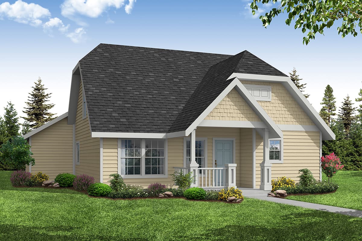 House plan exterior. One-story house with gabled roof, front porch, and dormer window. Features include siding and a light-colored exterior.