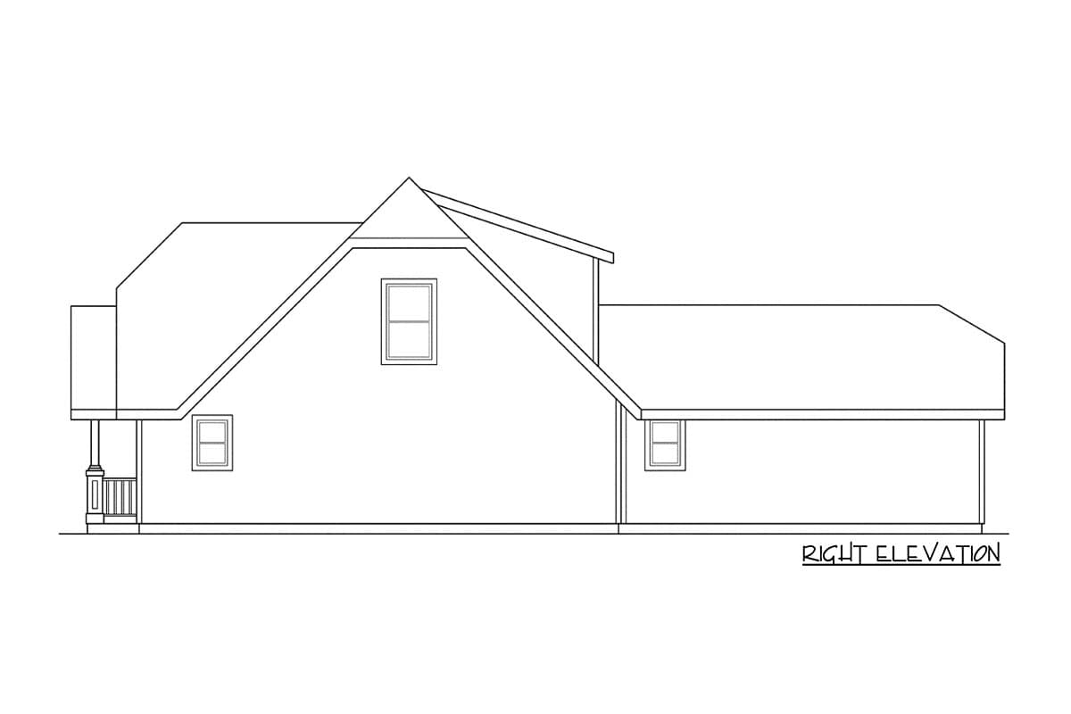 Right elevation drawing of a house plan showing gabled roof, dormer window, and covered porch.