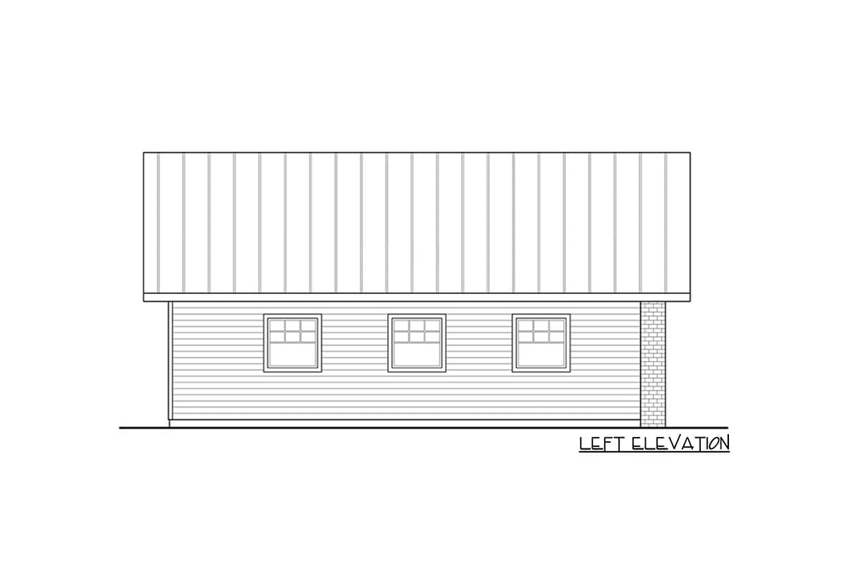 House plan left elevation showing horizontal siding, three windows, and a metal roof.