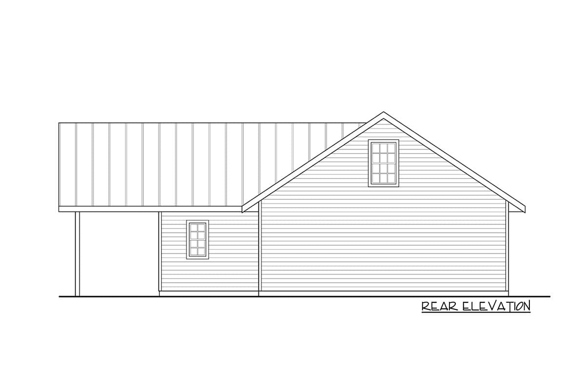 Rear elevation house plan drawing showing a metal roof, gable end, and two windows.