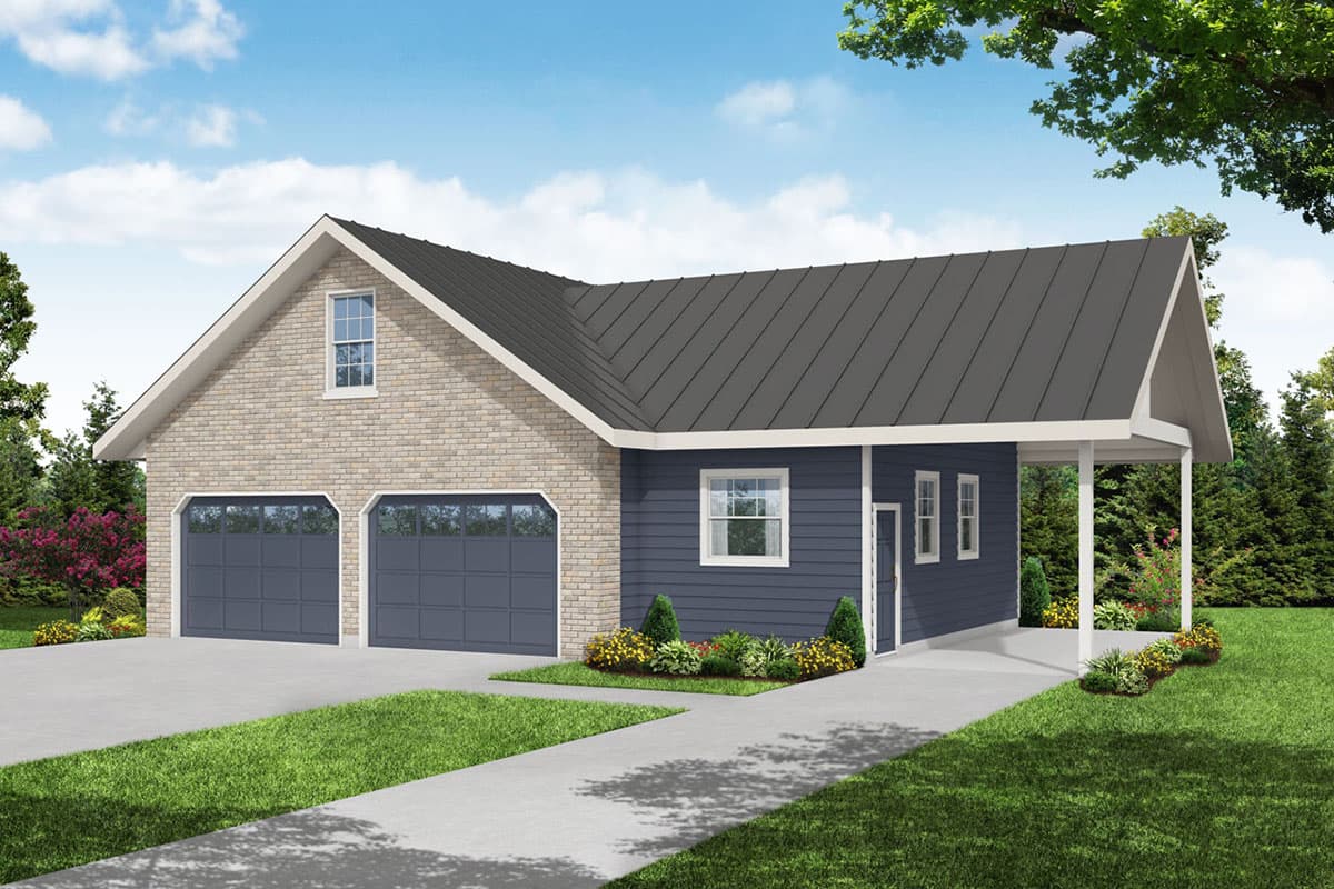 House plan exterior with two-car garage, brick facade, and covered porch. Features include gable rooflines and a dormer window.