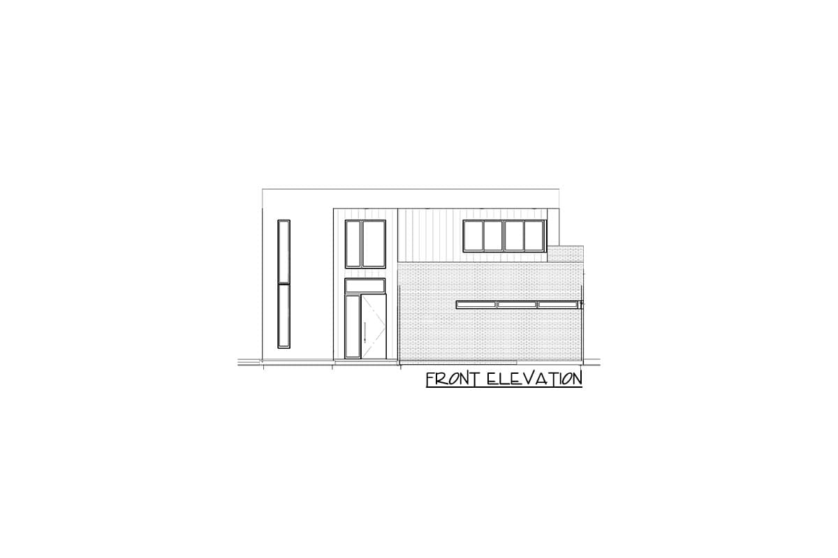 Front elevation drawing of a two-story modern house with a brick facade, multiple window styles, and vertical siding.