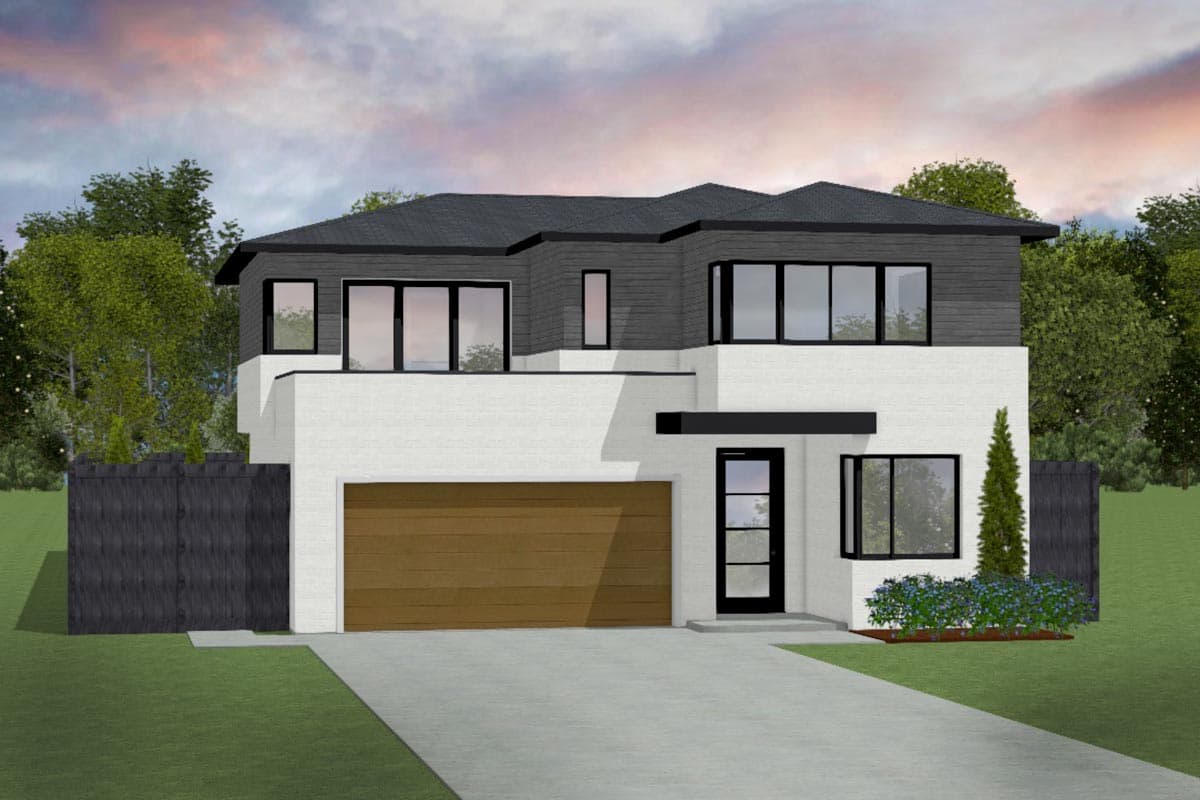 Modern two-story house plan exterior with white brick, wood garage door, and dark grey siding.