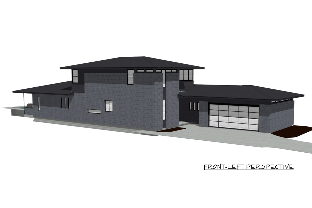 Modern two-story house plan exterior with flat roof, brick facade, and attached garage.