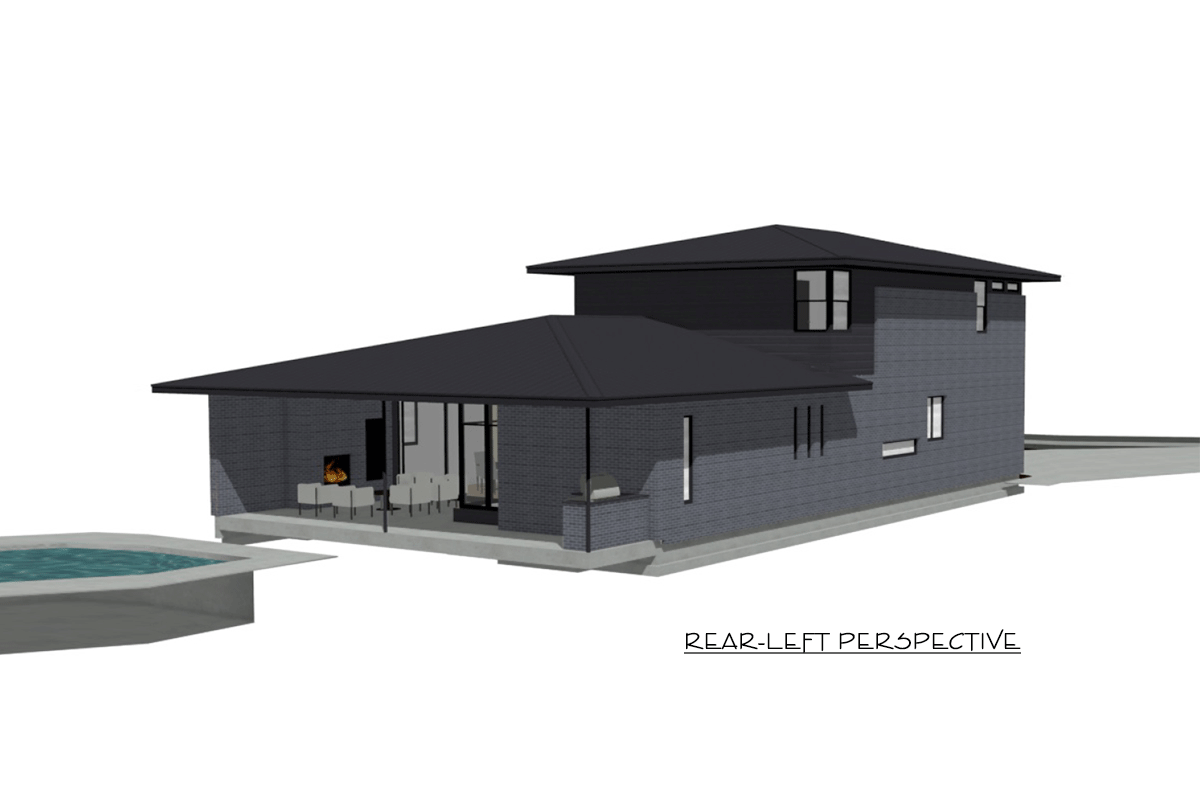 House plan exterior, rear-left perspective, two stories, dark brick, low-slope roof, covered patio with fireplace.