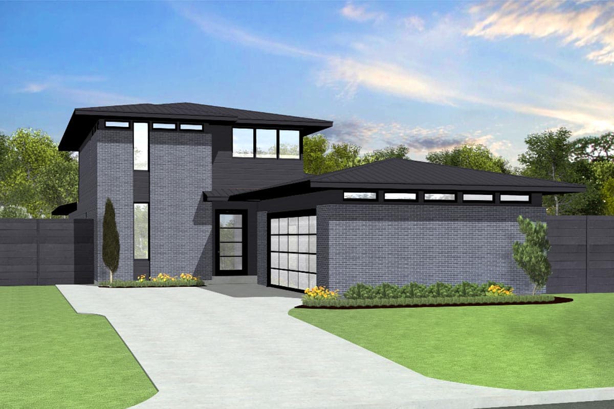 House plan exterior. Modern style, two-story home with flat roof, brick facade, and attached garage. Includes large windows and entry door.