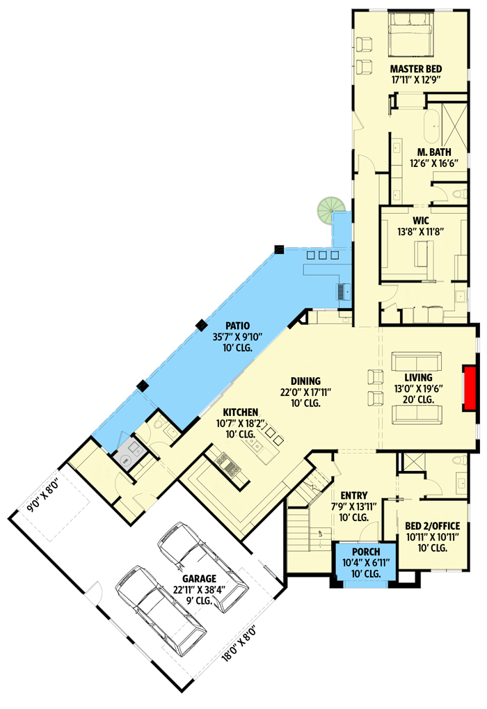 Plan 570011LEF: Transitional 2-Story Home Plan with Angled Garage and Private Master Wing - Floor Plan - Main Level - Contemporary, Modern, Northwest, Transitional