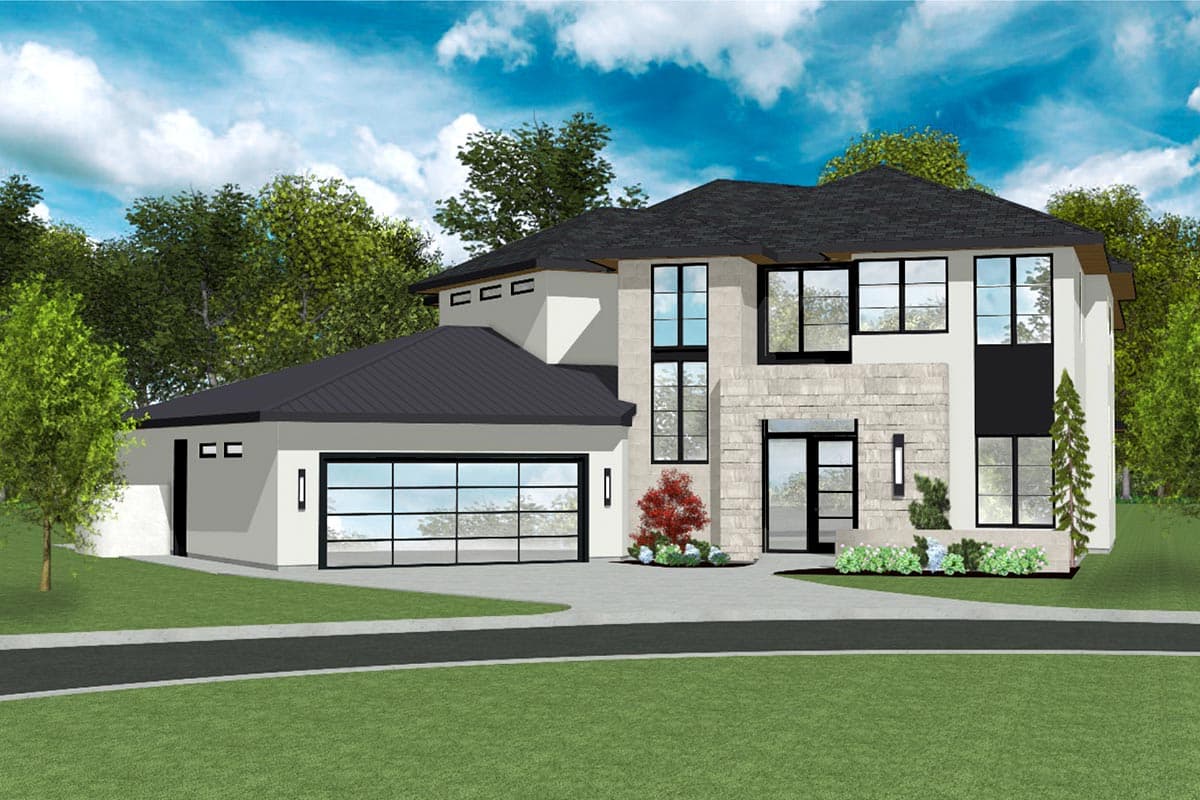 House plan exterior. Two-story modern style with flat and gabled rooflines, large windows, and an attached garage with glass doors.