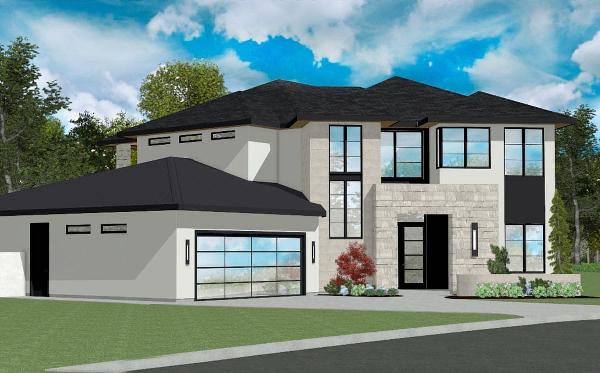 Modern two-story house plan exterior with stone accents, large windows, and a detached garage with a glass door.