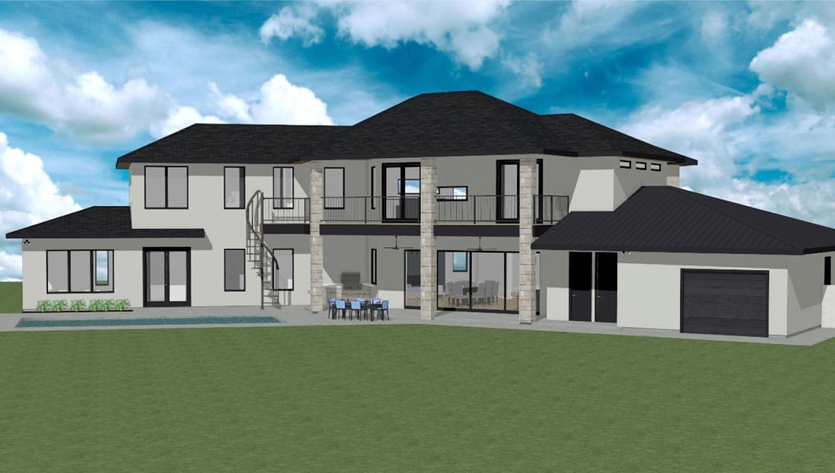 House plan exterior: Two-story home with multiple balconies, spiral staircase, attached garage, and pool.
