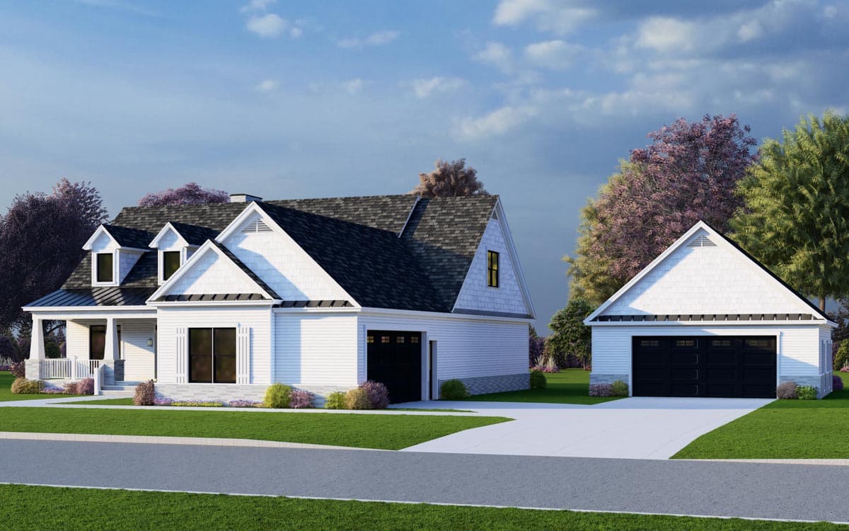House plan exterior rendering of a two-story Modern Farmhouse with dormers, gable rooflines, and a detached two-car garage.