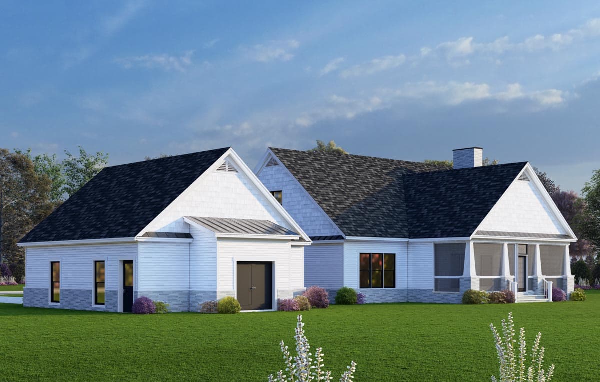 House plan exterior: Modern Farmhouse style, one story, with attached garage, screened porch, and prominent gables.