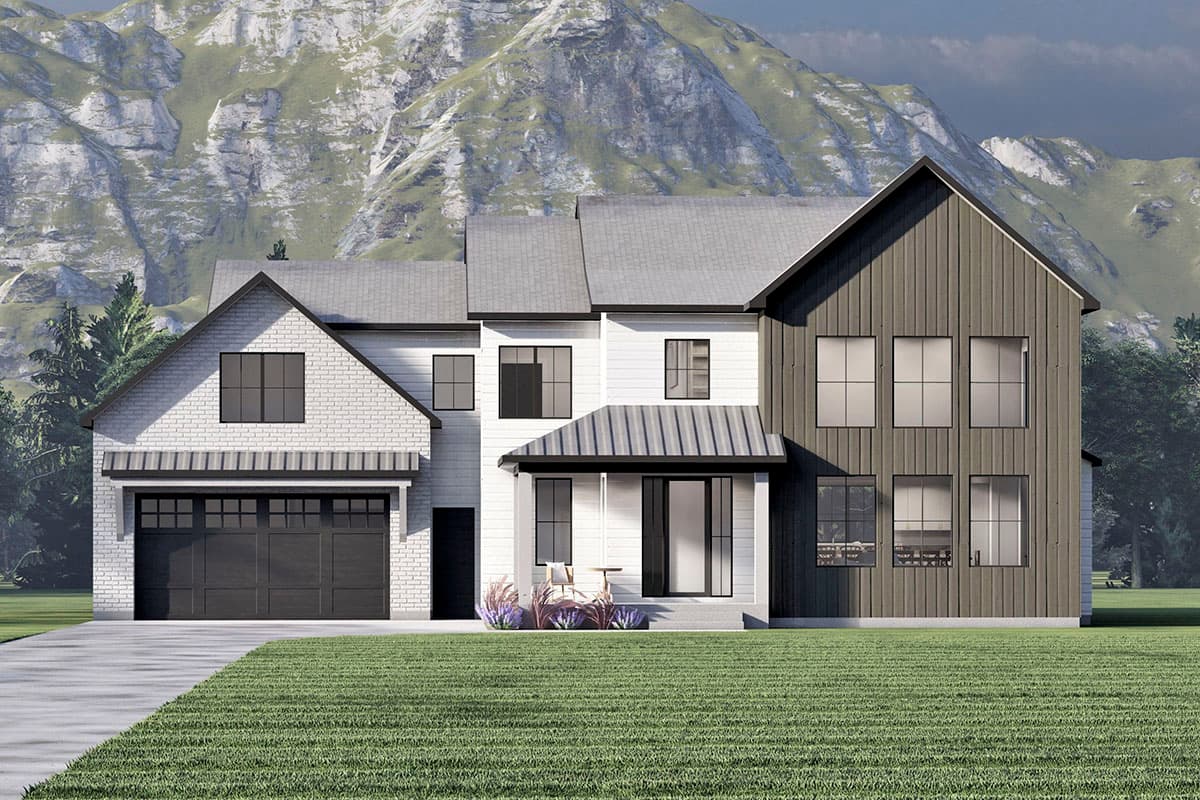 House plan exterior featuring Modern Farmhouse style with a two-story design, front-facing garage, gables, and covered porch.