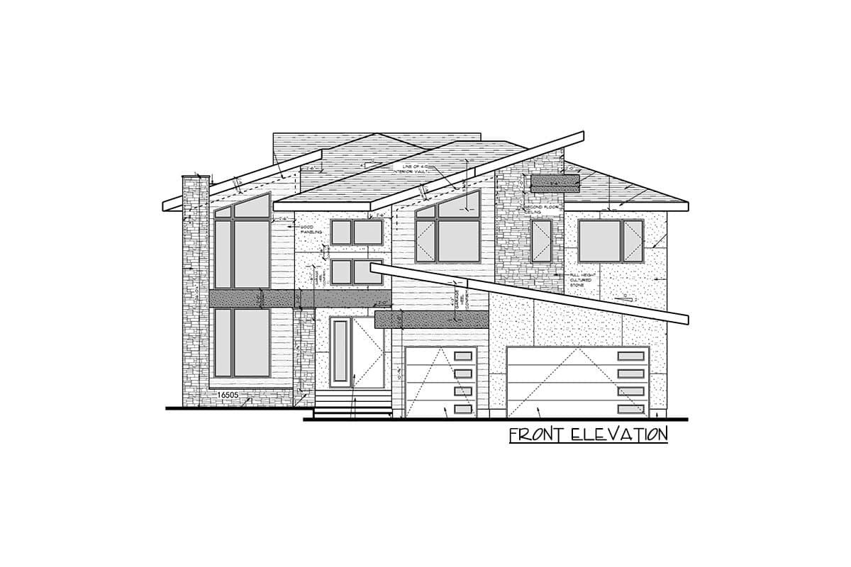 Front elevation house plan with angled rooflines, stone and wood paneling, large windows, and two garage doors.