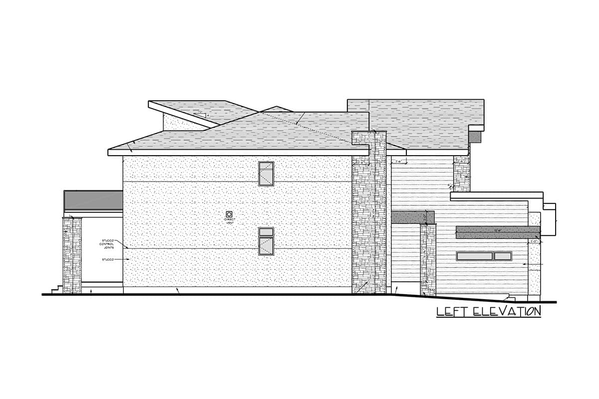 Left elevation of a two-story house plan with stucco and horizontal siding, a prominent stone chimney, and multiple rooflines.