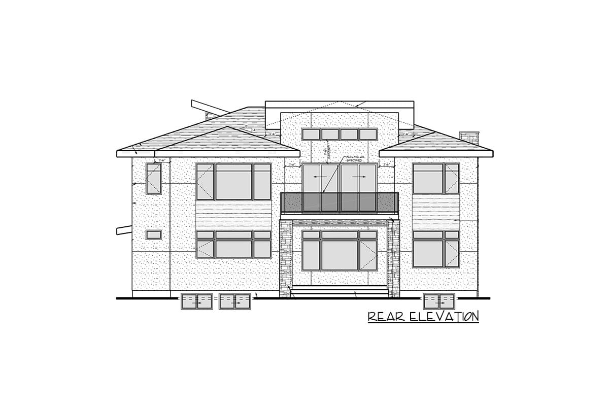 Rear elevation drawing of a two-story house with multiple windows, a second-story balcony, and varied siding.