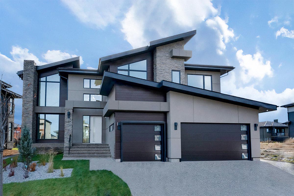 House plan exterior. Contemporary style, two-story home with a flat roof, large windows, and a multi-car garage.