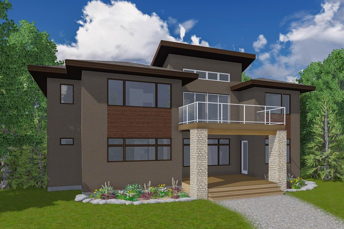 Modern house plan exterior with two stories, flat rooflines, prominent windows, wood accents, a stone-clad support column, and a cantilevered balcony.