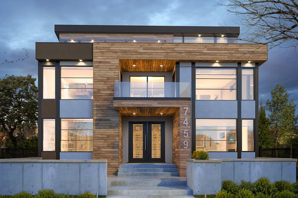Modern house plan exterior with multiple stories, wood and concrete facade, large windows, and balcony.