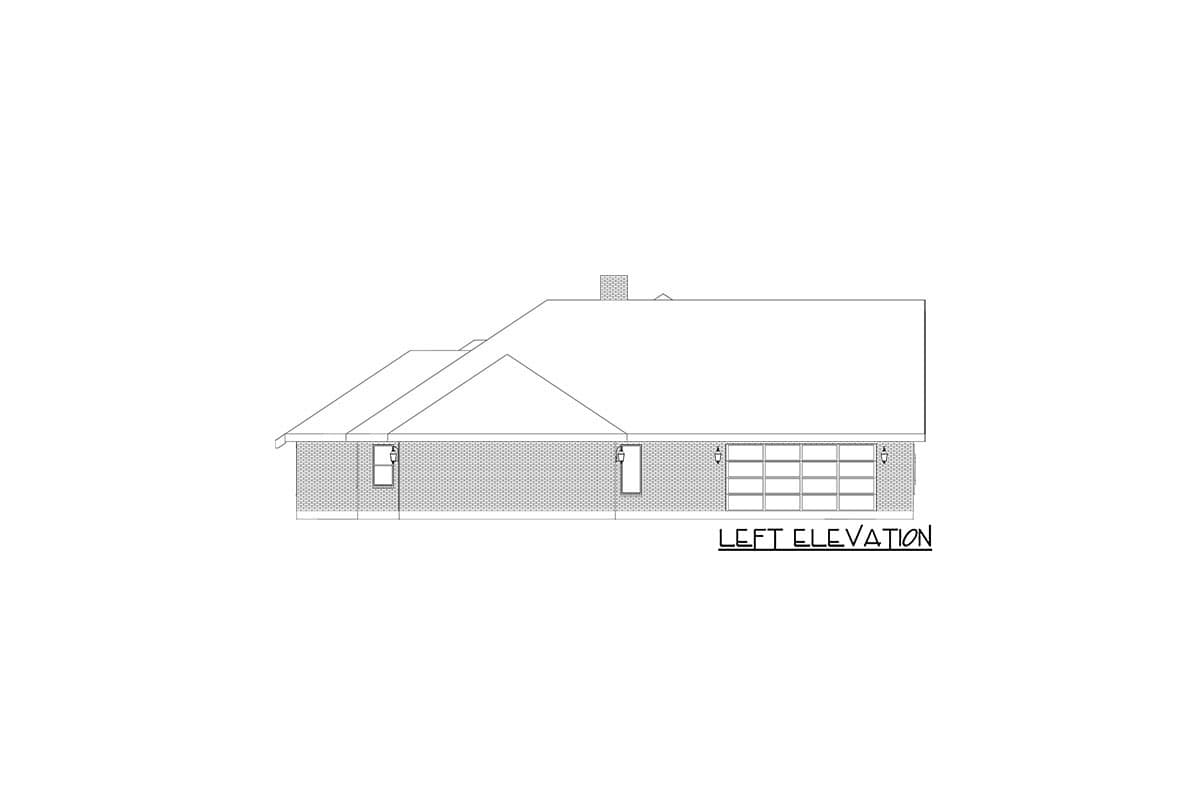 Left elevation drawing of a house plan featuring a brick exterior, pitched roof, chimney, and garage.