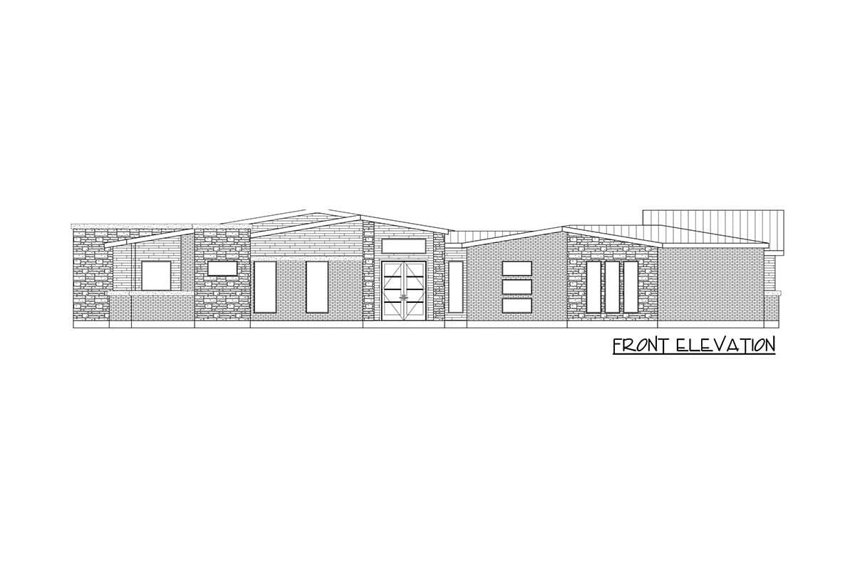 Front elevation drawing of a single-story house with a hip roof, brick and stone facade, and multiple windows.