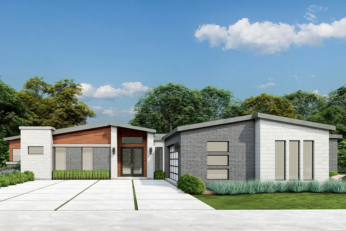 House plan exterior. Modern style, one-story home with a flat roof and shed roof. Features include brick and wood siding, and large windows.