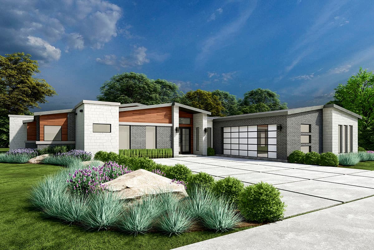 Modern house plan exterior featuring a single story, flat roof, stone and wood facade, and a large garage.