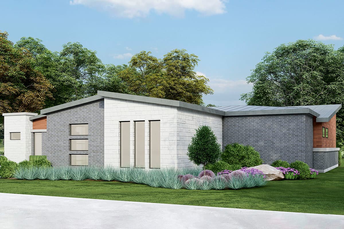 Modern house plan exterior with asymmetrical rooflines, brick, and stone facade, and large rectangular windows.