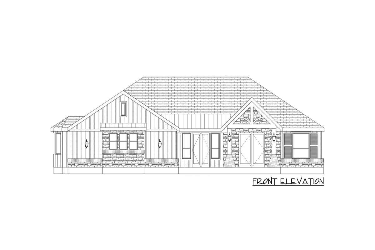 Front elevation drawing of a one-story house plan with gabled dormer, stone accents, vertical siding, and double doors.
