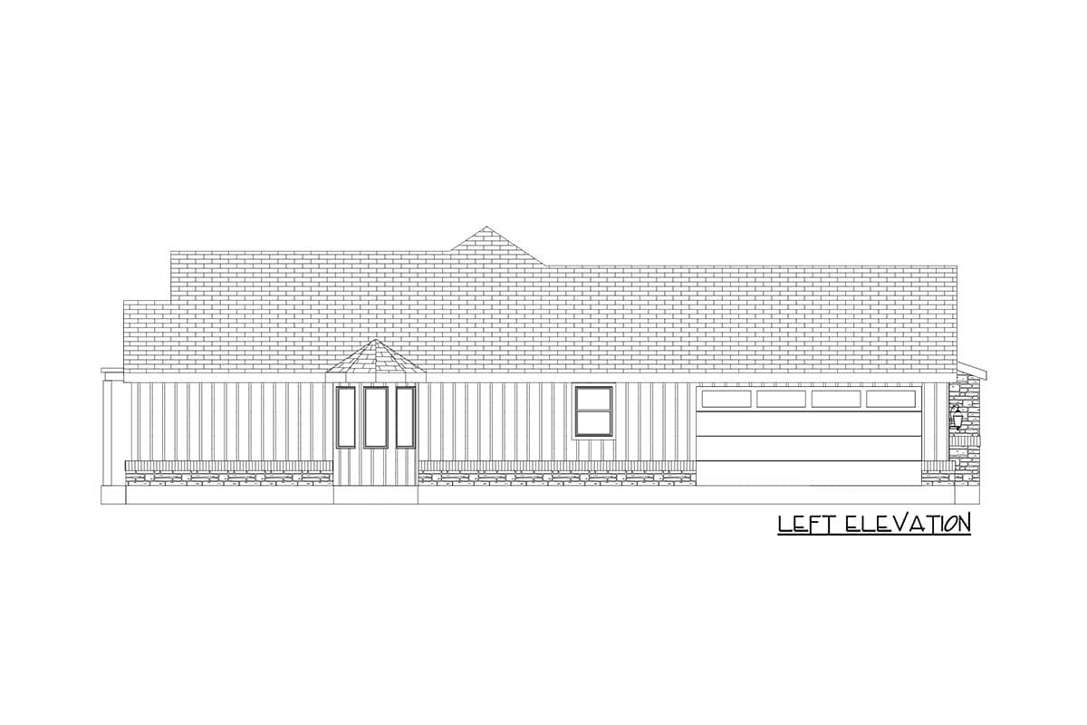 Left elevation house plan showing a single-story home with a prominent gabled roof, bay window, and attached garage.