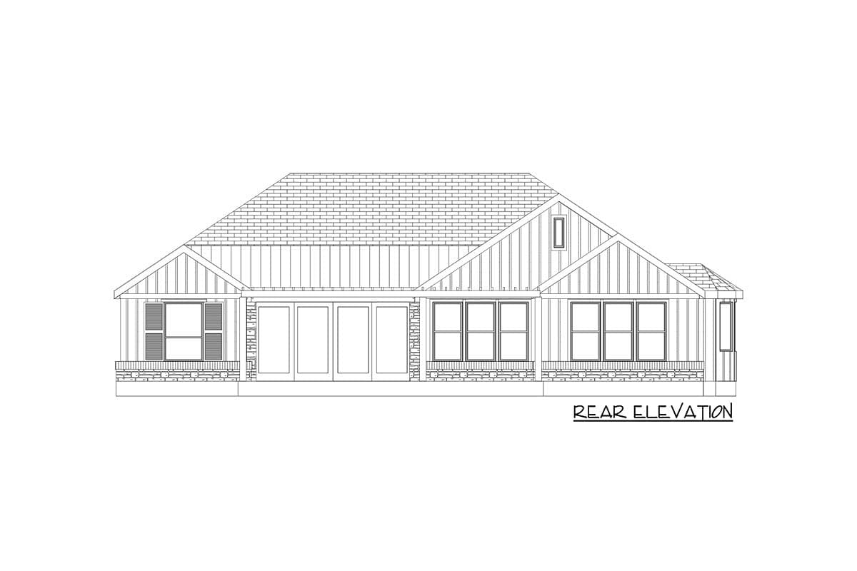 Rear elevation drawing of a one-story house plan with gabled rooflines, stone foundation, and multiple window groups.