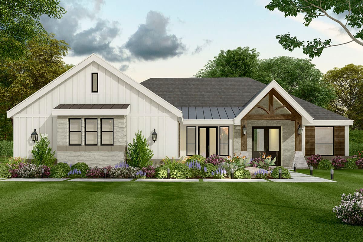 House plan exterior. Modern farmhouse style. Single-story with a gable roof, stone accent, and front porch with exposed timber beams.