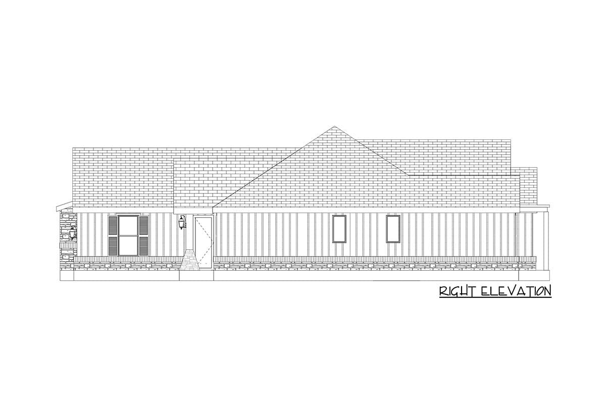 House plan right elevation drawing shows a single-story house with a gable roof, brick base, and paneled siding.