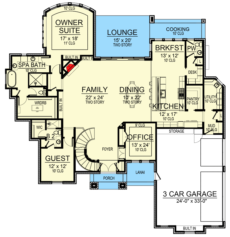 Plan 36678TX: 4200 Square Foot Country Home Plan with 2-Story Great Room - Floor Plan - Main Level - European, Hill Country, Transitional