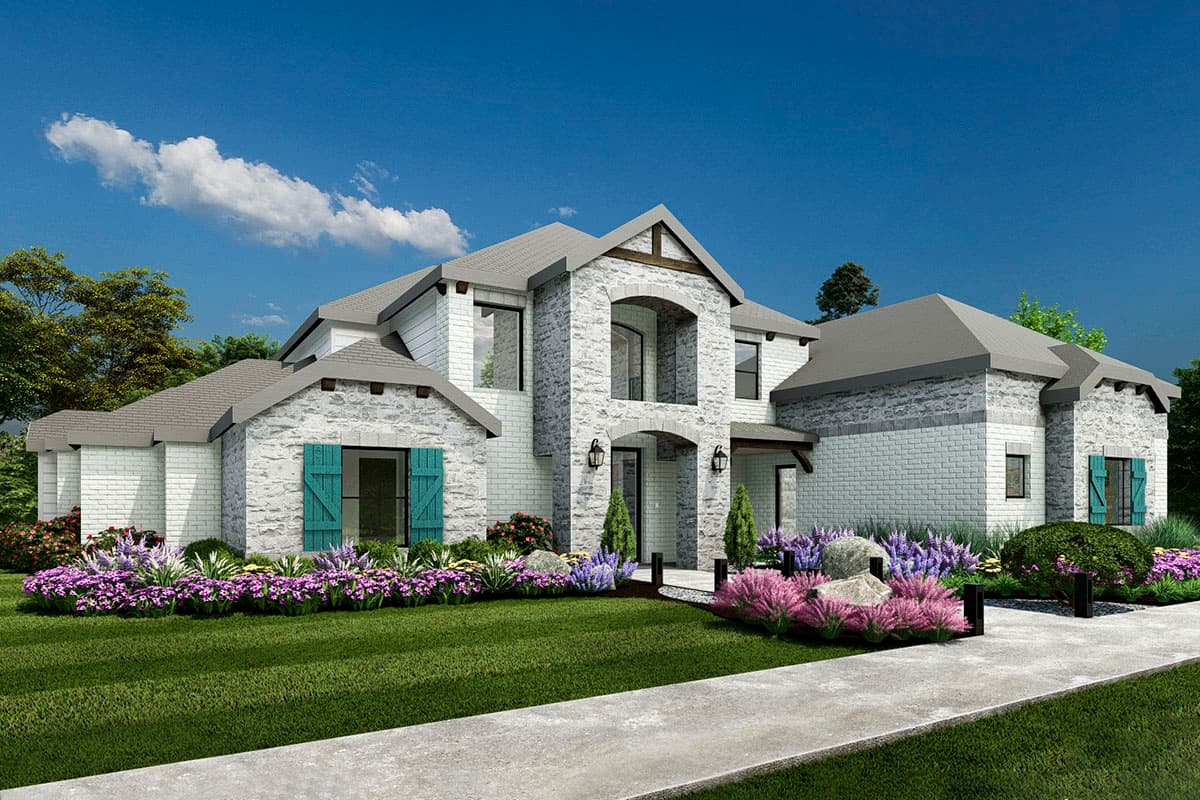 House plan exterior. Two-story with stone and brick facade, gabled roof, arched entryway, and teal shutters.