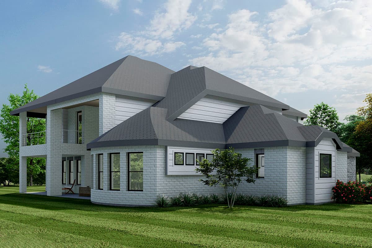 House plan exterior, two-story, white brick, covered balcony, multiple gables, and layered rooflines.