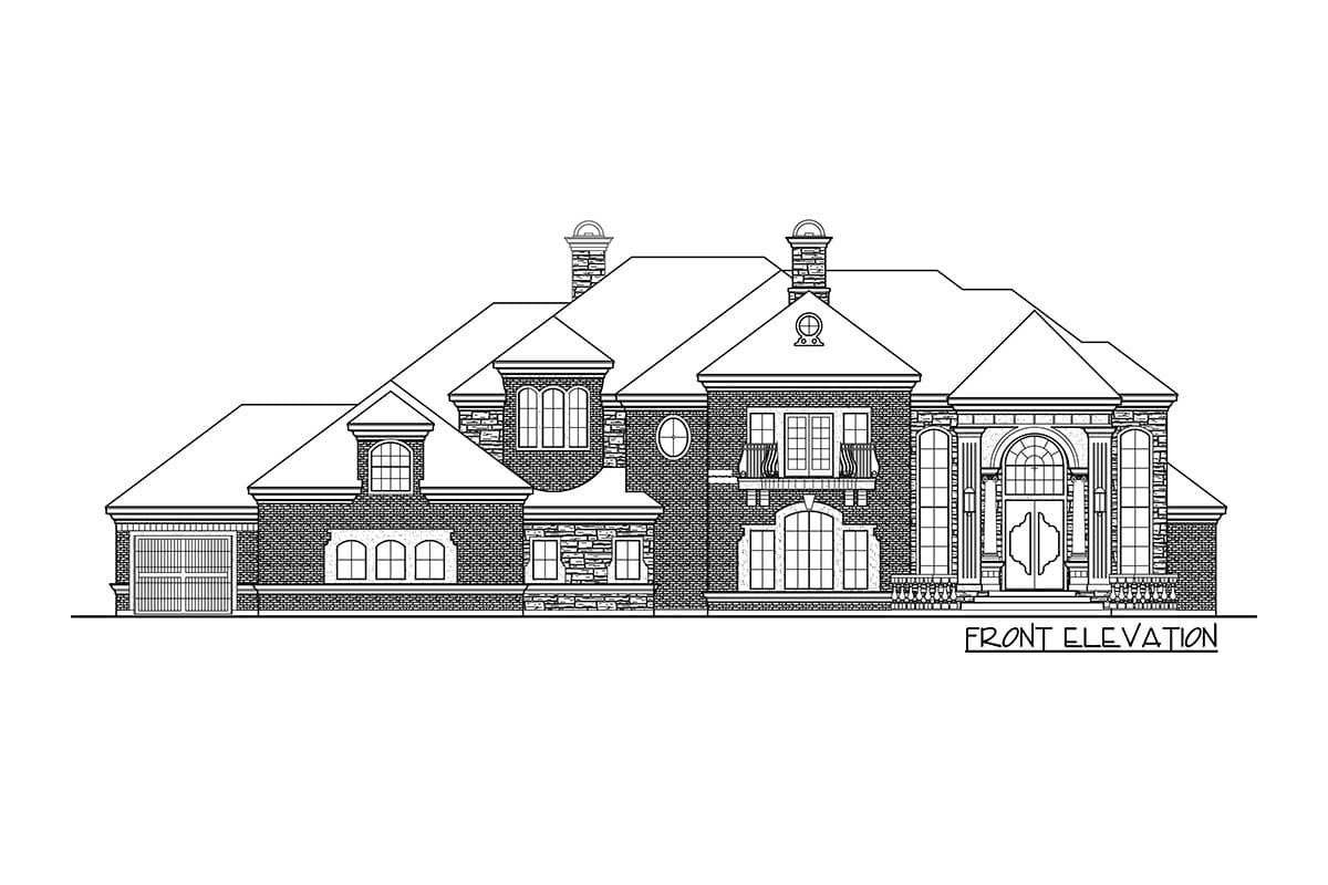 Front elevation house plan showing a large brick house with multiple gables, dormers, a balcony, and an arched entryway.