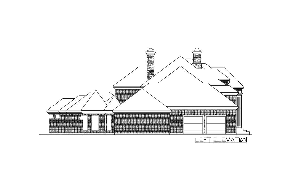 Left elevation house plan with brick exterior, hip roofline, two chimneys, and a two-car garage.