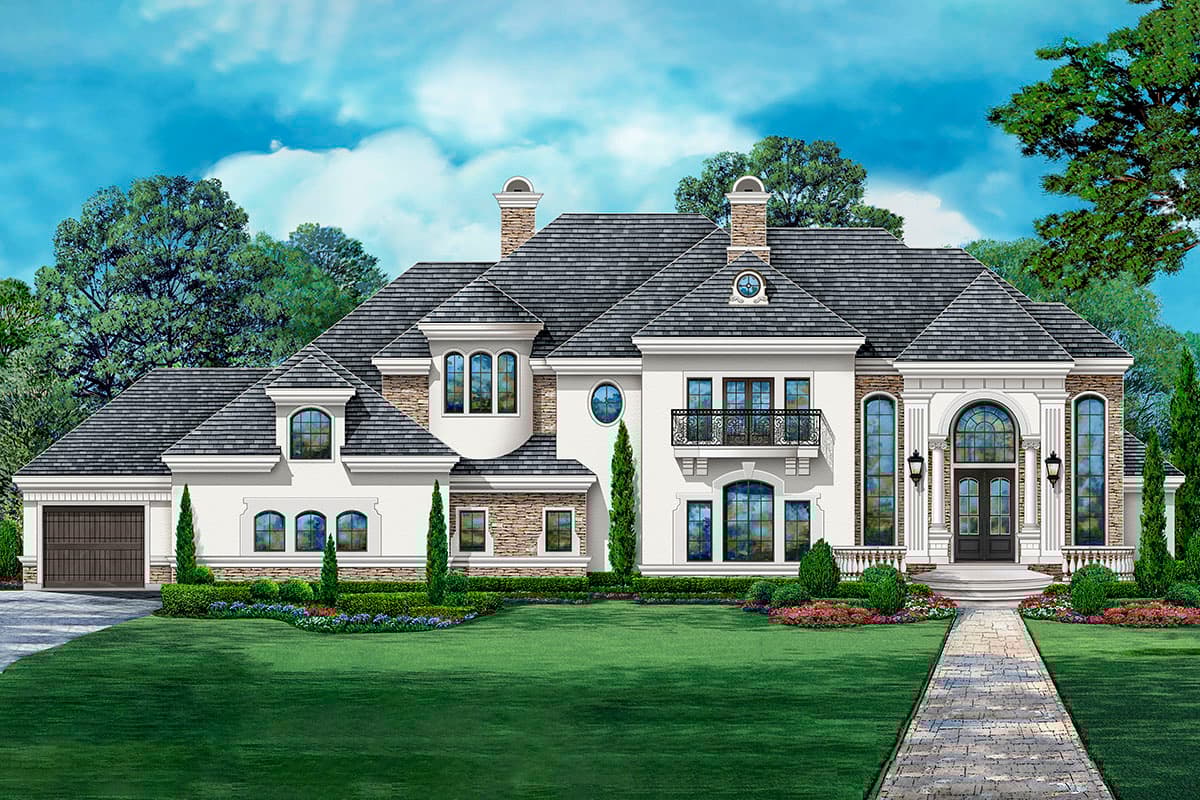 House plan exterior. Two-story home with a portico, arched windows, and multiple dormers. Features a dark gray, gabled roof and garage.