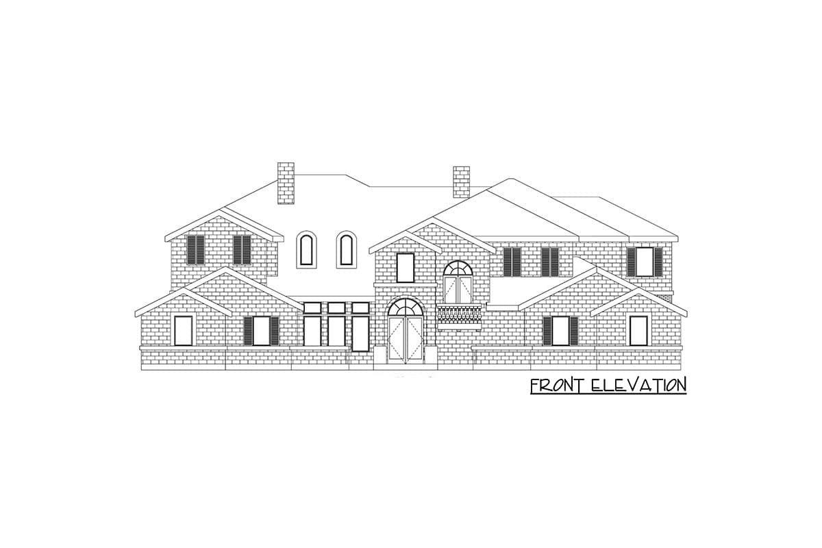 Front elevation drawing of a two-story brick house with multiple gables, dormers, and arched windows.