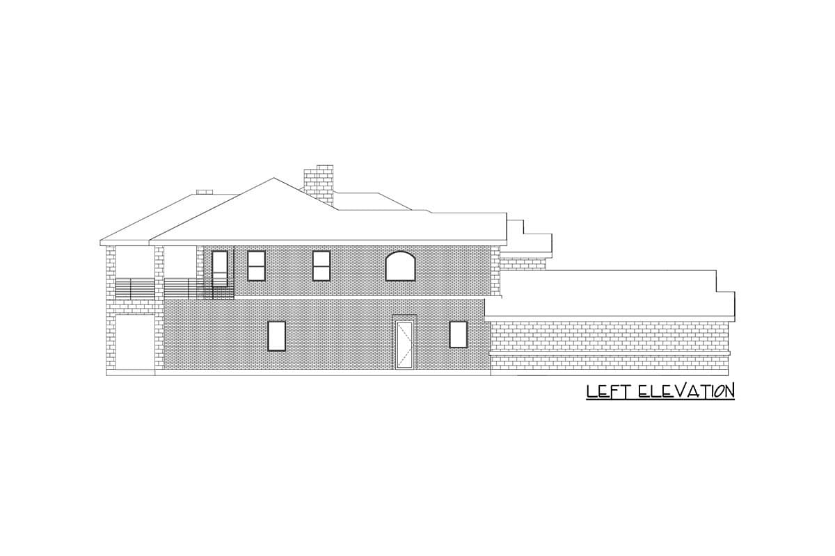 Left elevation of a two-story house plan showing brick facade, balcony, dormers, and arched window.