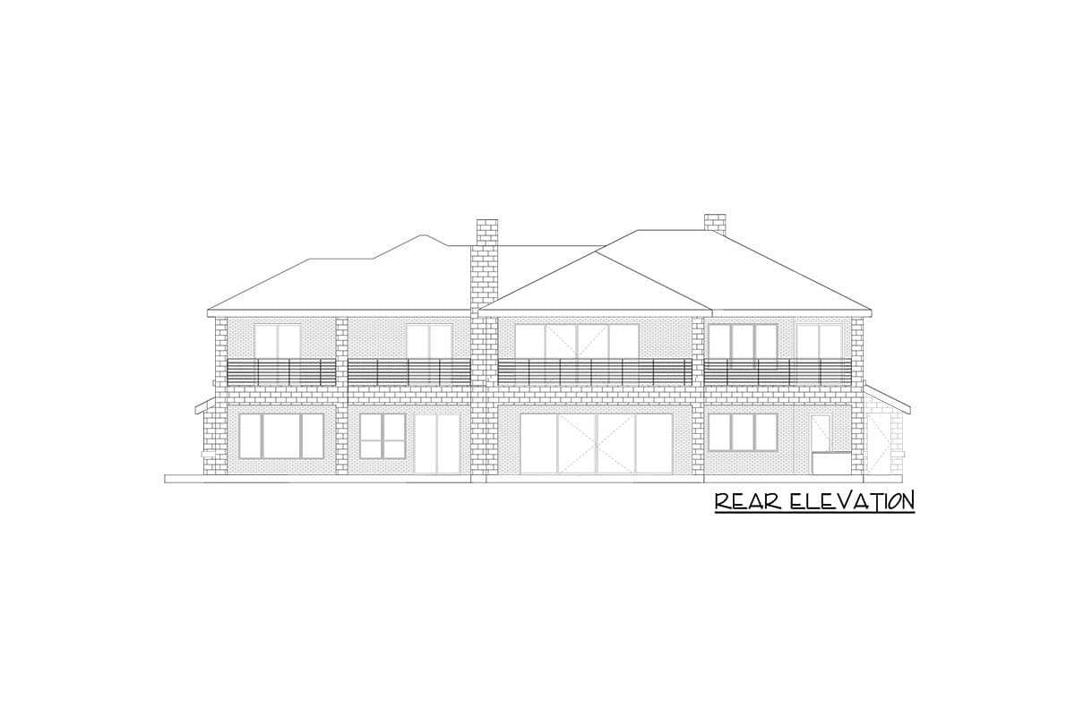 Rear elevation drawing of a two-story house with balconies, brick facade, and multiple windows.